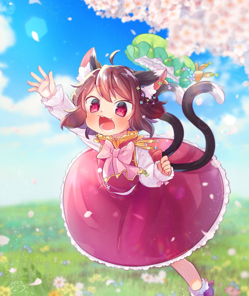 1girl ahoge animal_ear_fluff animal_ears arm_up bangs blue_sky blush brown_hair cat_ears cat_tail chen cherry_blossoms chinese_clothes clouds commentary_request day earrings eyebrows eyebrows_visible_through_hair fang flower frilled_skirt frills grass green_headwear hat highres ibaraki_natou jewelry long_sleeves looking_at_viewer lower_teeth multiple_tails nekomata open_mouth outdoors outstretched_arm petals pillow_hat red_eyes shirt single_earring skirt skirt_set sky solo standing standing_on_one_leg tail teeth tongue touhou two_tails upper_teeth