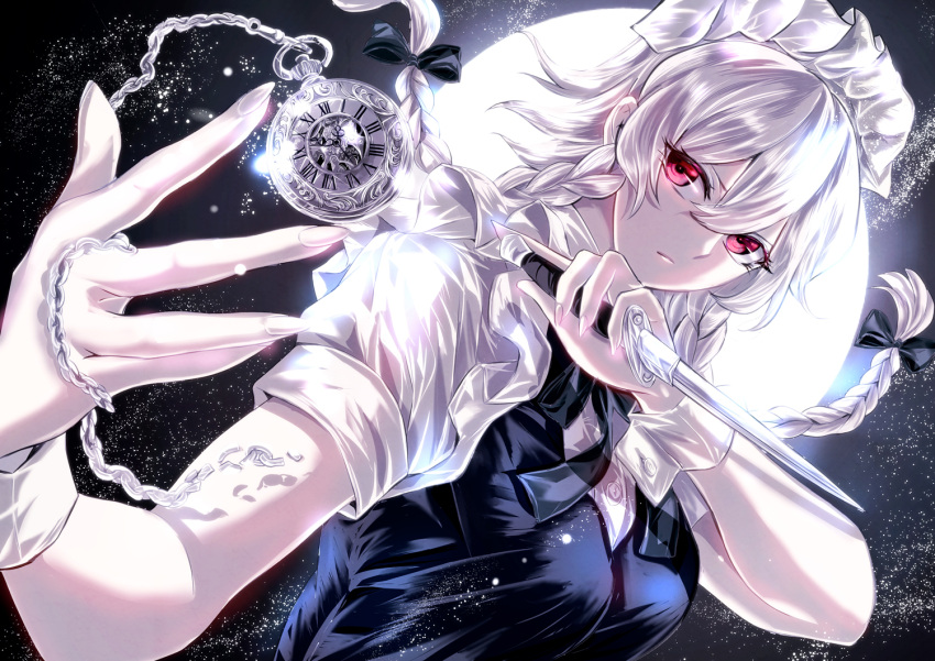 1girl bangs black_bow bow braid closed_mouth full_moon hair_between_eyes hair_bow holding holding_knife izayoi_sakuya jan_(lightdragoon) knife light_particles looking_at_viewer maid maid_headdress medium_hair moon outdoors pocket_watch red_eyes short_sleeves silver_hair solo touhou twin_braids upper_body watch wrist_cuffs