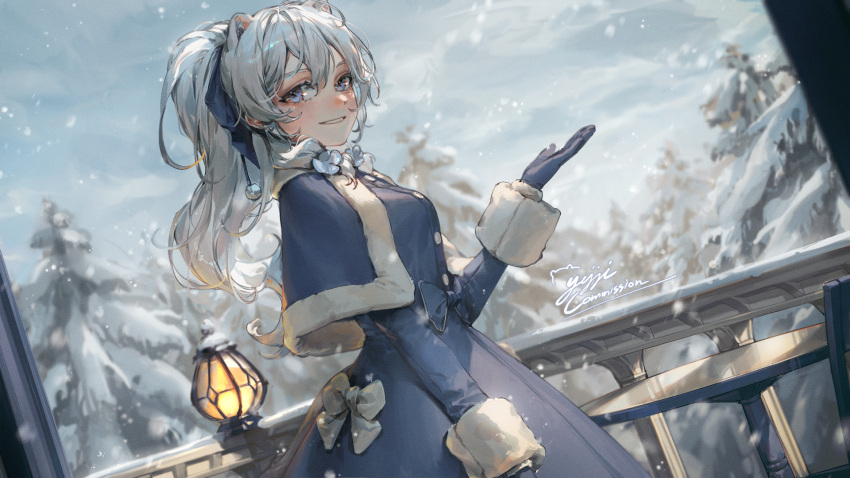 1girl animal_ear_fluff animal_ears balcony blue_bow blue_capelet blue_dress blue_eyes blue_gloves blush bow capelet coat commission dress dutch_angle fir_tree from_side fur-trimmed_coat fur-trimmed_sleeves fur_trim gloves hair_bow highres kellymonica02 lantern long_hair looking_at_viewer looking_to_the_side original outdoors outstretched_hand parted_lips pom_pom_(clothes) sidelocks silver_hair snowing solo table tree white_bow winter