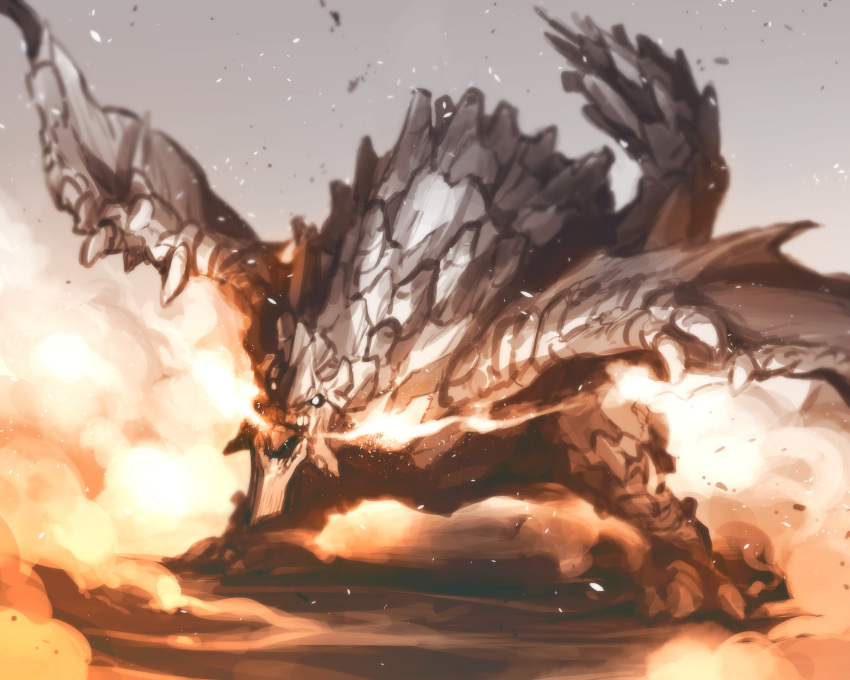 breathing_fire dragon fire green_eyes highres ishiyumi leaning_forward looking_at_viewer monochrome no_humans original solo spot_color wings