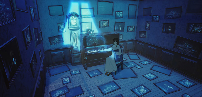 1girl bangs black_eyes black_hair blunt_bangs brown_footwear chair chinese_commentary clock collared_dress commentary corded_phone dress expressionless eyebrows_visible_through_hair frilled_dress frills grandfather_clock highres holding indoors instrument long_sleeves looking_at_viewer maionese moonlight original painting_(object) phone piano sidelocks sitting solo white_dress wide_shot