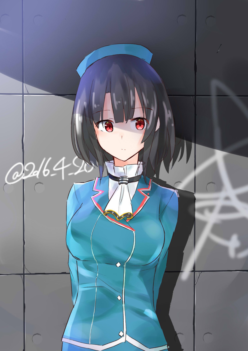 100percent_park 1girl arm_under_breasts bangs beret black_gloves black_hair blue_headwear breasts closed_mouth gloves grey_background hat high_collar highres kantai_collection large_breasts military military_uniform red_eyes short_hair takao_(kantai_collection) uniform white_neckwear