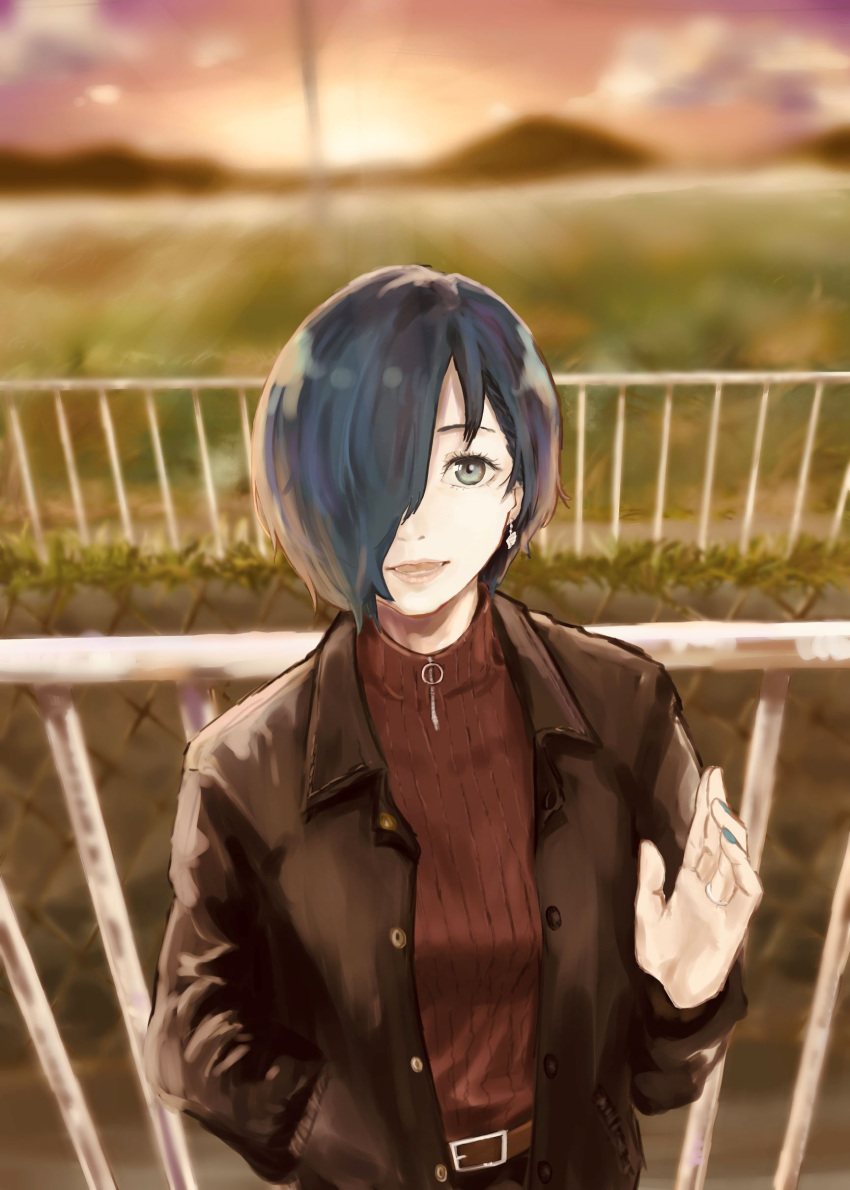 1girl absurdres alternate_costume bangs belt brown_belt brown_jacket commentary_request earrings hair_over_one_eye hand_in_pocket hand_up highres jacket jewelry kirishima_touka long_sleeves makko_(user_kvud5535) open_clothes open_jacket open_mouth outdoors railing shiny shiny_clothes shirt short_hair smile solo sunset sweater_tucked_in tokyo_ghoul