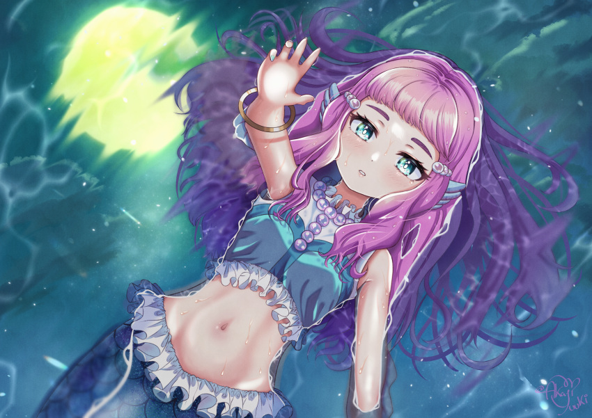 1girl akajiyuuki arm_up blue_eyes blue_nails bracelet crop_top from_above hair_ornament highres jewelry laura_la_mer long_hair looking_up lying mermaid midriff monster_girl moon nail_polish navel night on_back parted_lips pink_hair precure reflection reflective_water shiny shiny_hair solo stomach tropical-rouge!_precure very_long_hair wet wet_hair
