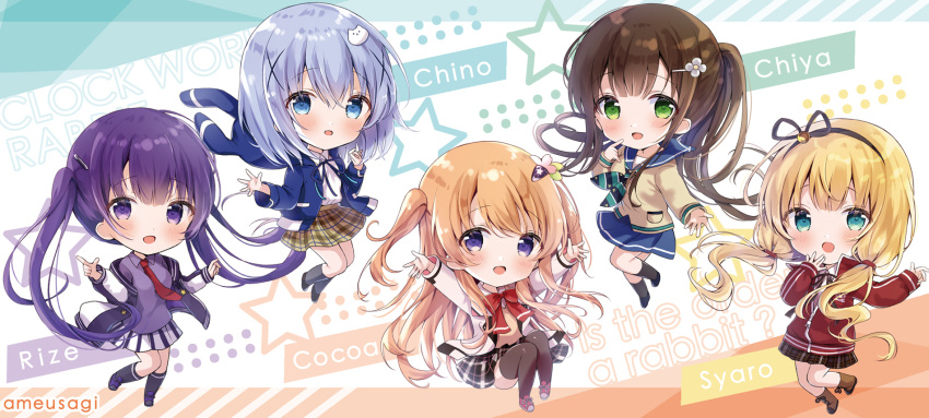 5girls amedamacon black_hairband black_jacket black_legwear black_skirt blonde_hair blue_eyes blue_jacket blue_ribbon blue_sailor_collar blue_skirt boots brown_footwear brown_hair brown_legwear brown_shirt brown_skirt character_hair_ornament character_name chibi clockwork_rabbit collared_shirt commentary_request copyright_name flower gochuumon_wa_usagi_desu_ka? green_eyes hair_flower hair_ornament hairband hairclip highres hood hood_down hooded_jacket hoto_cocoa jacket kafuu_chino kirima_sharo long_hair long_sleeves low_twintails multiple_girls neck_ribbon open_clothes open_jacket plaid plaid_skirt puffy_long_sleeves puffy_sleeves purple_footwear purple_hair purple_shirt red_jacket ribbon sailor_collar shirt skirt sleeves_past_wrists socks star_(symbol) striped striped_skirt tedeza_rize thigh-highs tippy_(gochiusa) track_jacket twintails two_side_up ujimatsu_chiya vertical-striped_skirt vertical_stripes very_long_hair violet_eyes white_flower white_jacket white_shirt x_hair_ornament