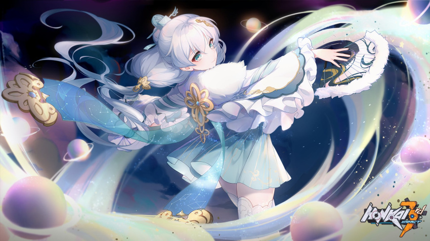 1girl bangs blue_eyes china_dress chinese_clothes closed_mouth dress hair_ornament hand_fan highres holding holding_fan honkai_(series) honkai_impact_3rd long_hair looking_at_viewer official_art planet ponytail smile solo space theresa_apocalypse theresa_apocalypse_(starlit_astrologos) thigh-highs white_hair white_legwear zhuge_kongming_(honkai_impact)