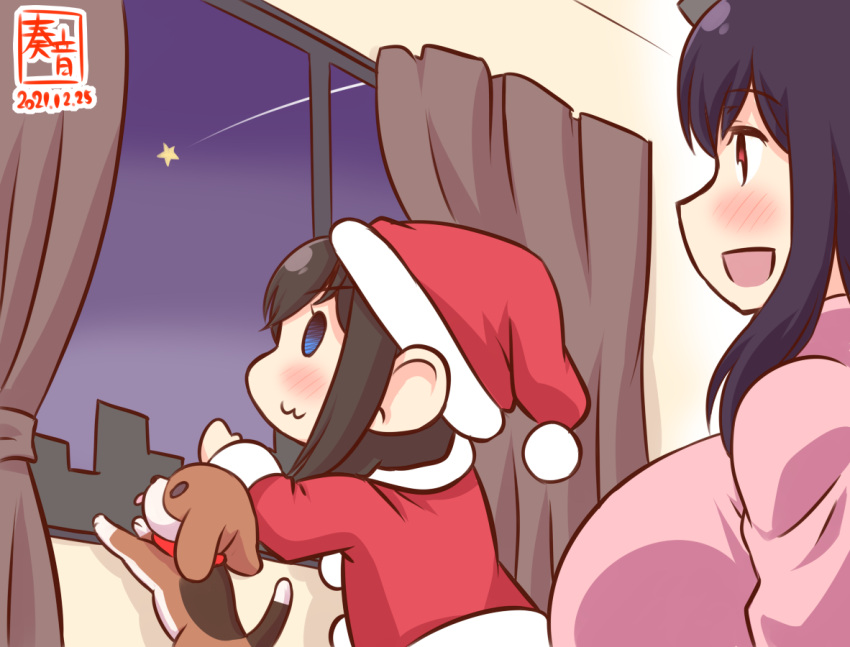 2girls :3 ahoge black_hair blush brown_hair commentary_request curtains dog fur-trimmed_headwear hair_ornament hat kanon_(kurogane_knights) kantai_collection multiple_girls one-hour_drawing_challenge open_mouth pink_shirt puppy red_eyes red_headwear santa_costume santa_hat shigure_(kancolle) shirt shooting_star smile window yamashiro_(kancolle) younger