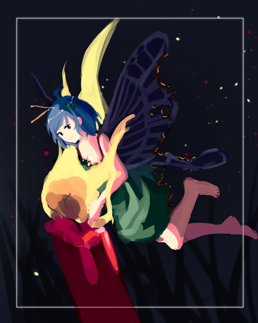 1girl antennae aqua_hair barefoot brown_eyes burnt_clothes burnt_wings butterfly_wings candle closed_mouth dress eternity_larva fairy fire furahata_gen green_dress highres leaf leaf_on_head short_hair smile solo touhou wings