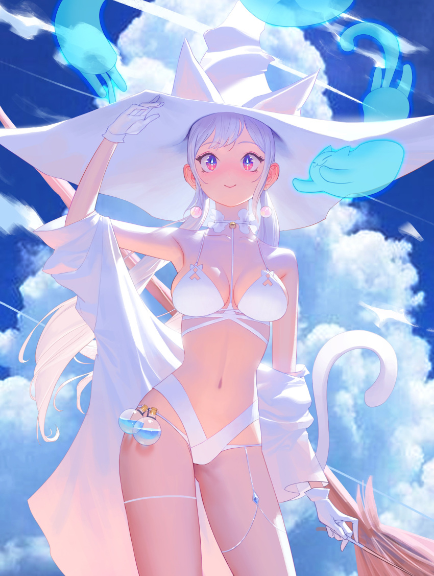 1girl absurdres animal_ears bare_shoulders bell bikini bottle broom cat cat_ears cat_tail choker clouds cloudy_sky commentary english_commentary frilled_choker frills ghost hat highres holding holding_wand jingle_bell long_hair looking_at_viewer midriff multicolored_eyes navel original sky smile solo swimsuit tail twintails wand white_bikini white_hair witch_hat wonbin_lee