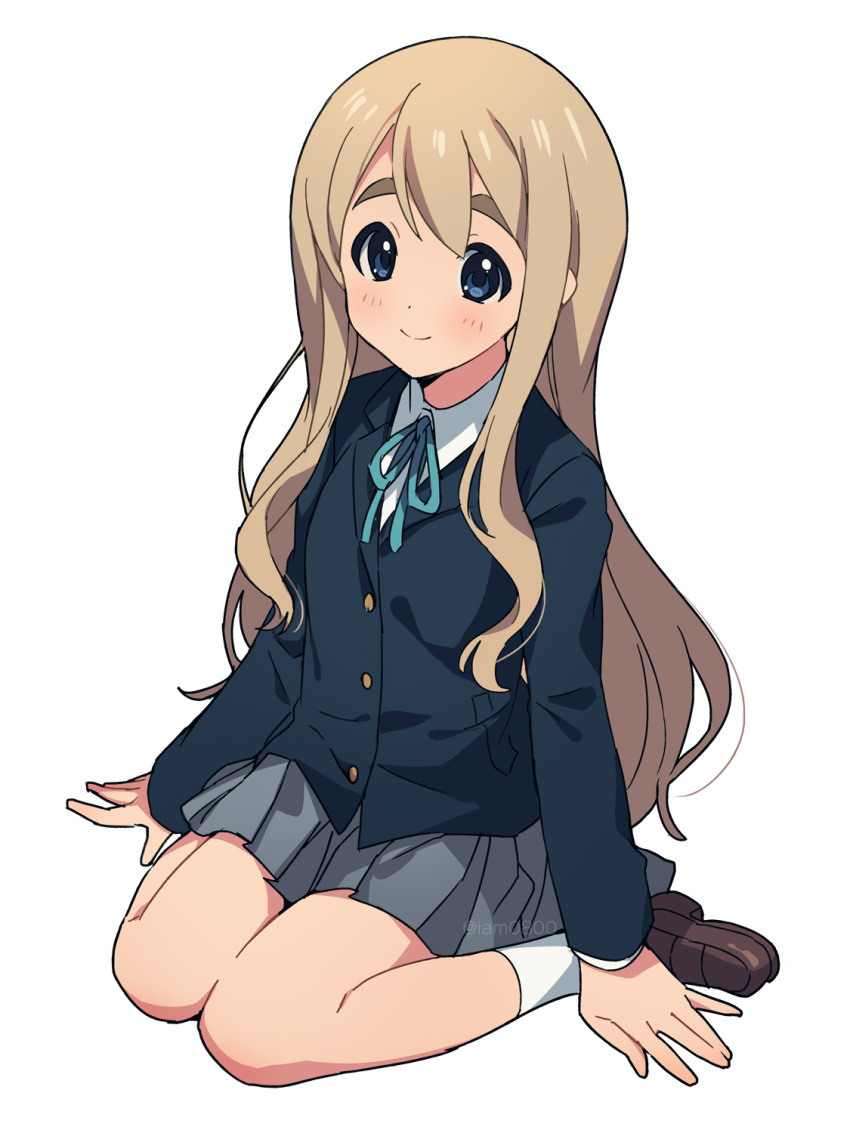 1girl arm_support arms_at_sides asada_hachi bangs banned_artist black_jacket blazer blonde_hair blue_eyes blue_ribbon blush brown_footwear closed_mouth collared_shirt commentary full_body grey_skirt highres jacket k-on! kotobuki_tsumugi loafers long_hair long_sleeves looking_at_viewer miniskirt neck_ribbon pleated_skirt ribbon sakuragaoka_high_school_uniform school_uniform shirt shoes simple_background sitting skirt smile socks solo thick_eyebrows twitter_username very_long_hair wariza watermark white_background white_legwear white_shirt