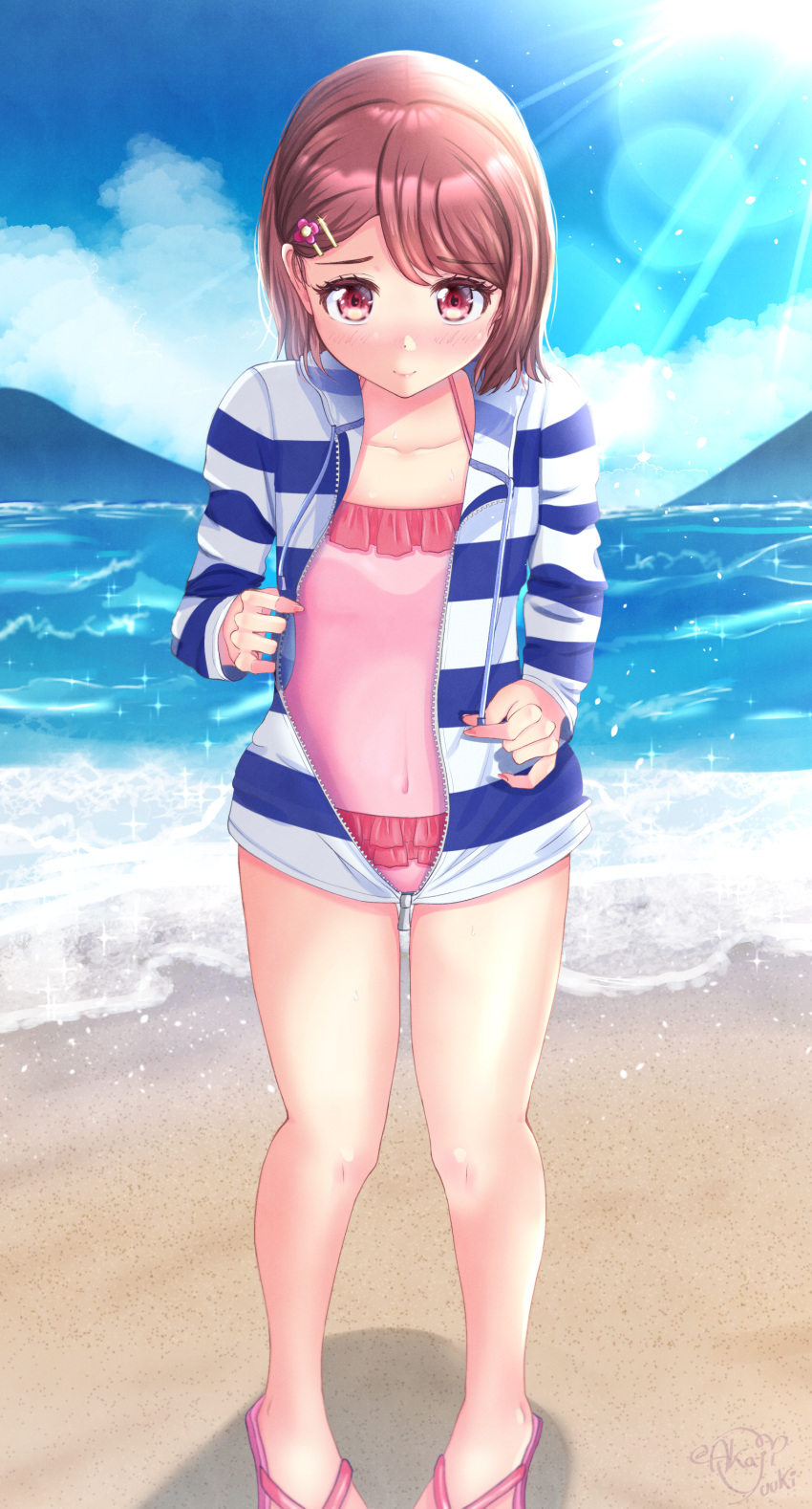 1girl absurdres akajiyuuki bare_legs beach blue_sky brown_hair casual_one-piece_swimsuit clouds collarbone covered_navel day embarrassed flat_chest hair_ornament hairclip hanadera_nodoka healin'_good_precure highres jacket lens_flare long_sleeves ocean one-piece_swimsuit open_clothes open_jacket outdoors pink_swimsuit precure shiny shiny_hair short_hair signature sky solo standing striped striped_jacket sunlight swimsuit unzipped