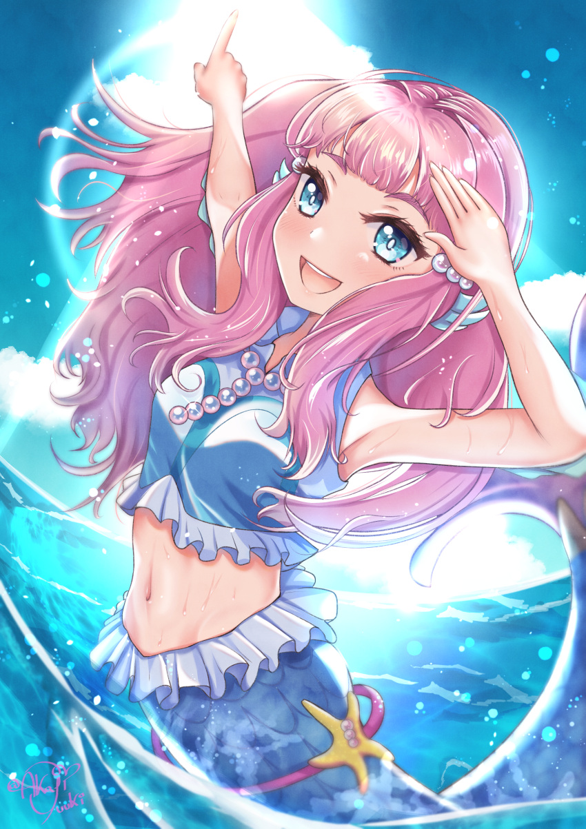 1girl :d absurdres akajiyuuki armpits bangs blue_eyes blue_sky blunt_bangs crop_top day floating_hair hair_ornament highres index_finger_raised laura_la_mer long_hair mermaid midriff monster_girl navel outdoors outstretched_arm pink_hair precure shiny shiny_hair sky sleeveless smile solo stomach tropical-rouge!_precure very_long_hair
