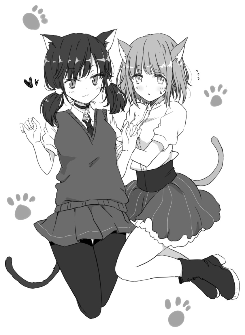2girls :3 animal_ears bell blush boots cat_ears cat_girl cat_tail choker collared_shirt flying_sweatdrops greyscale heart highres holding_another's_arm jingle_bell low_twintails maromi_(am97) monochrome multiple_girls neck_bell necktie original pantyhose paw_print paw_print_background pinstripe_skirt pleated_skirt school_uniform shirt short_sleeves skirt sweatdrop sweater_vest tail twintails yuri