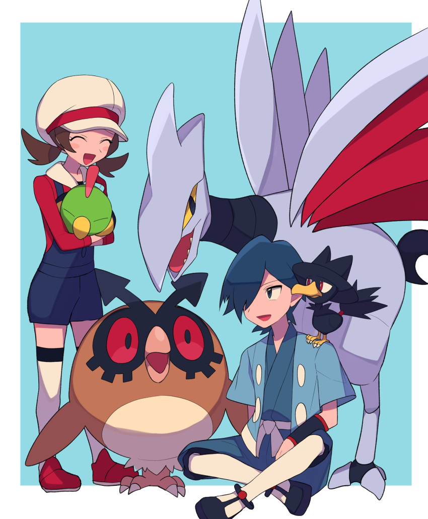 1boy 1girl black_wristband blue_hair blue_jacket blue_kimono blue_overalls brown_hair cabbie_hat falkner_(pokemon) hair_over_one_eye hat highres holding holding_pokemon hoothoot jacket japanese_clothes kimono kneehighs long_hair lyra_(pokemon) murkrow natu on_shoulder open_clothes open_jacket overalls pokemon pokemon_(creature) pokemon_(game) pokemon_hgss pokemon_on_shoulder red_footwear red_shirt sash shirt shoes short_hair short_sleeves sitting skarmory symbol-only_commentary thigh-highs twintails tyako_089 white_headwear white_legwear wristband