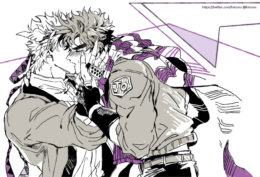 2boys battle_tendency caesar_anthonio_zeppeli closed_eyes face_grab facial_mark feather_hair_ornament feathers fingerless_gloves gloves hair_ornament headband highres jojo_no_kimyou_na_bouken joseph_joestar joseph_joestar_(young) kiss multiple_boys nigelungdayo partially_colored purple_scarf scarf striped striped_scarf triangle_print yaoi