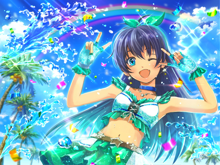 1girl ;d armpits blue_choker blue_eyes blue_gloves blue_hair blue_sky bow choker clouds coconut_tree crop_top day double_v fang fingerless_gloves floating_hair frilled_gloves frills ganaha_hibiki gloves green_bow green_skirt hair_bow idolmaster idolmaster_(classic) jewelry layered_skirt long_hair looking_at_viewer midriff miniskirt navel necklace one_eye_closed outdoors palm_tree pleated_skirt rainbow shiny shiny_hair skin_fang skirt sky sleeveless smile solo sparkle star_(symbol) star_necklace stomach summer tomato_(kiiroitomato33) tree v v_over_eye very_long_hair water