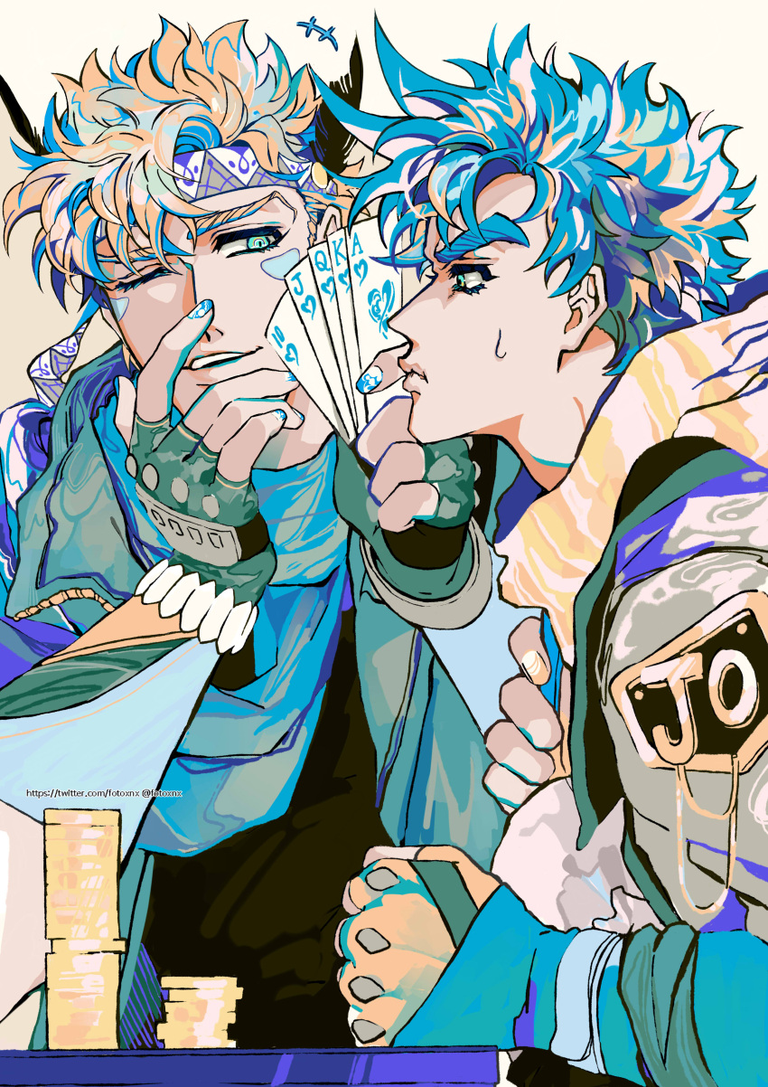 2boys absurdres blonde_hair blue_hair blue_nails blue_scarf caesar_anthonio_zeppeli card coin covering_face facial_mark feather_hair_ornament feathers fingerless_gloves gloves green_eyes hair_ornament headband highres holding holding_card jojo_no_kimyou_na_bouken joseph_joestar joseph_joestar_(young) multicolored_hair multiple_boys nigelungdayo one_eye_closed playing_card scarf smirk striped striped_scarf sweat two-tone_hair