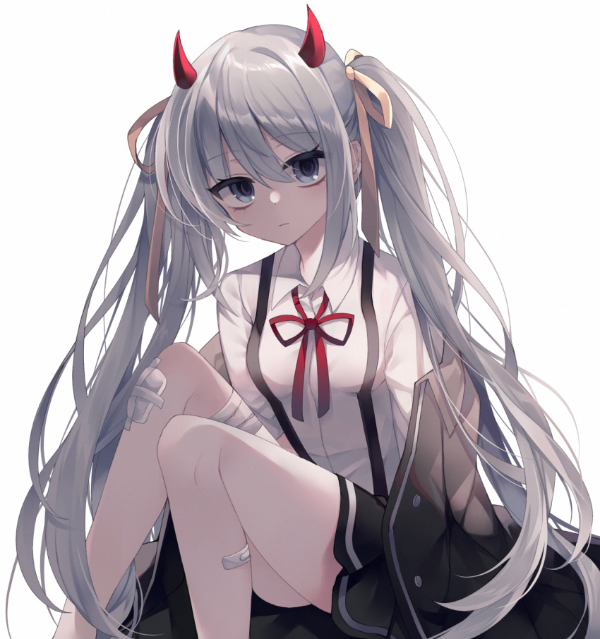 1girl bandaged_leg bandages bandaid bandaid_on_leg bangs black_jacket black_skirt blue_eyes breasts brown_ribbon character_request closed_mouth collared_shirt demon_horns dress_shirt eyebrows_visible_through_hair feet_out_of_frame g_ieep grey_hair hair_between_eyes hair_ribbon highres horns jacket knees_up long_hair looking_at_viewer maplestory neck_ribbon off_shoulder open_clothes open_jacket pleated_skirt red_ribbon ribbon shirt simple_background skirt small_breasts solo suspender_skirt suspenders twintails very_long_hair white_background white_shirt