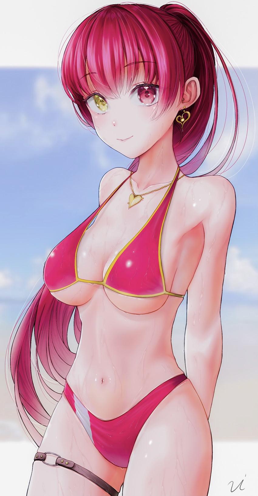 1girl absurdres beach belt bikini blurry blurry_background closed_mouth commentary cowboy_shot earrings eyebrows_visible_through_hair heart heart_earrings heart_necklace heterochromia highres hololive houshou_marine jewelry leg_belt long_hair navel ponytail red_bikini red_eyes red_swimsuit redhead smile solo swimsuit user_uiui9696 virtual_youtuber wet yellow_eyes