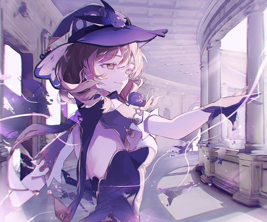 1girl backless_dress backless_outfit brown_hair commentary dress electricity flower from_side genshin_impact gloves green_eyes hat hat_flower highres lisa_(genshin_impact) looking_ahead outstretched_arm purple_dress purple_flower purple_gloves purple_headwear short_sleeves smile solo utsuhostoria witch_hat