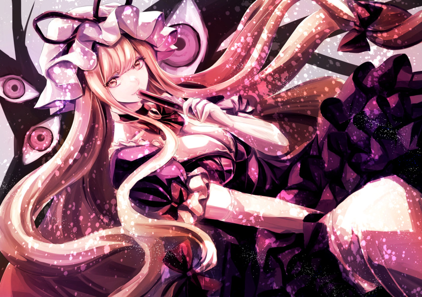 1girl bangs bare_shoulders between_legs blonde_hair blush bow breasts brooch choker closed_mouth commentary_request corset dress eyelashes feet_out_of_frame folding_fan gap_(touhou) grey_background hair_bow hair_ribbon hand_between_legs hand_fan hat hat_ribbon holding jan_(lightdragoon) jewelry large_breasts lips long_hair looking_at_viewer mob_cap purple_dress red_bow red_eyes red_neckwear red_ribbon ribbon sidelocks simple_background slit_pupils smile solo strapless strapless_dress touhou tress_ribbon very_long_hair violet_eyes yakumo_yukari