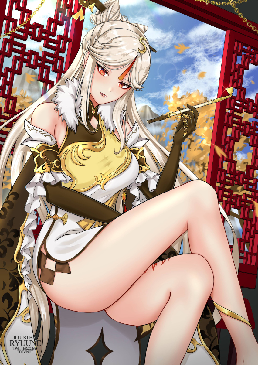 1girl absurdres ass black_hair china_dress chinese_clothes claw_ring dress elbow_gloves fur_trim genshin_impact gloves gold_dress hair_ornament hair_rings hair_stick highres holding holding_pipe kiseru legs long_hair looking_at_viewer multicolored_clothes multicolored_dress ningguang_(genshin_impact) pipe red_eyes ryuuneart silver_hair sitting solo tassel very_long_hair white_dress