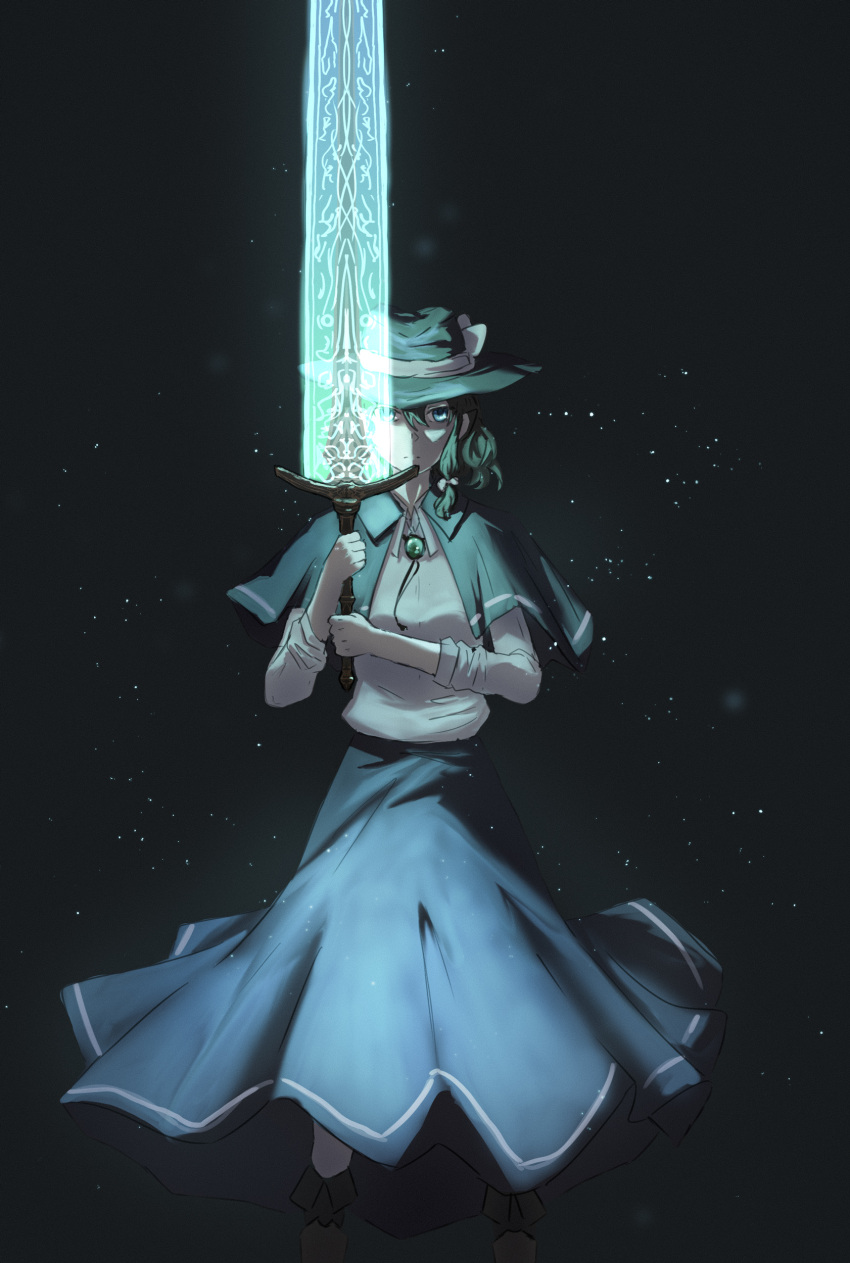 1girl absurdres bow brown_hair capelet dress glowing glowing_sword glowing_weapon hat highres holding holding_sword holding_weapon jewelry lfacras looking_at_viewer moonlight_greatsword pendant short_hair solo sword touhou transparent_weapon usami_renko weapon