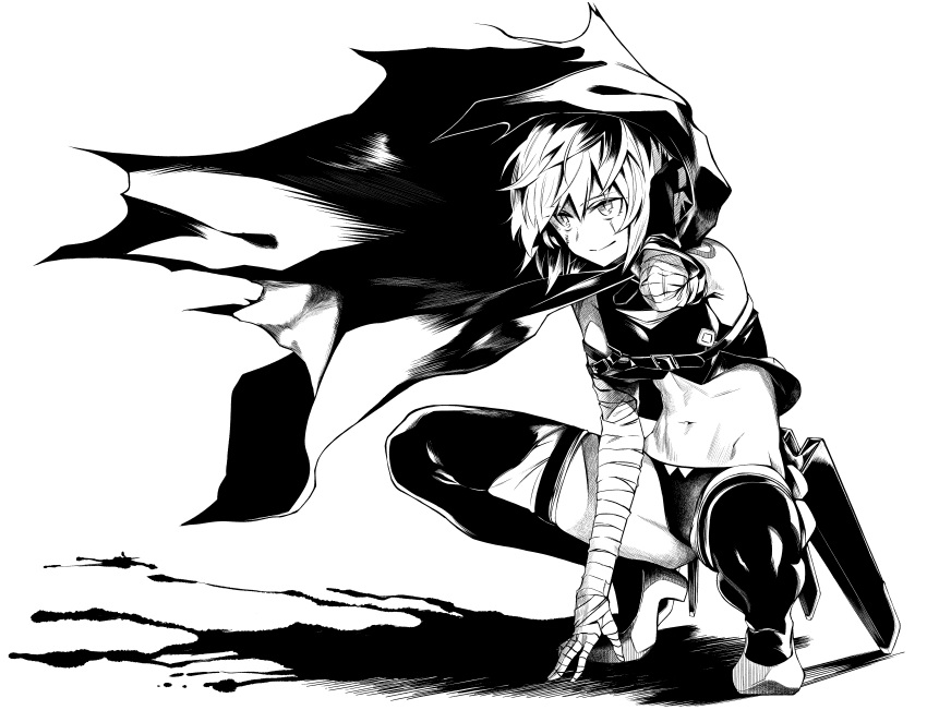 1girl absurdres bandaged_arm bandages breasts cloak cropped_vest fate/apocrypha fate_(series) greyscale hair_between_eyes highres jack_the_ripper_(fate/apocrypha) monochrome navel orochi_itto panties scar scar_across_eye scar_on_cheek scar_on_face short_hair shoulder_tattoo small_breasts smile solo squatting tattoo thigh-highs underwear vest