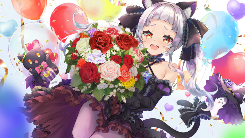 1girl :d animal_ear_fluff animal_ears balloon bare_shoulders black_bow black_dress black_sleeves bow brown_eyes cat_ears cat_girl cat_tail confetti criss-cross_halter detached_sleeves dress flower frilled_bow frilled_dress frills grey_hair hair_bow halterneck hololive juliet_sleeves konkito long_hair long_sleeves looking_at_viewer murasaki_shion pantyhose puffy_sleeves red_flower red_rose rose smile solo tail twintails virtual_youtuber white_flower white_legwear white_rose