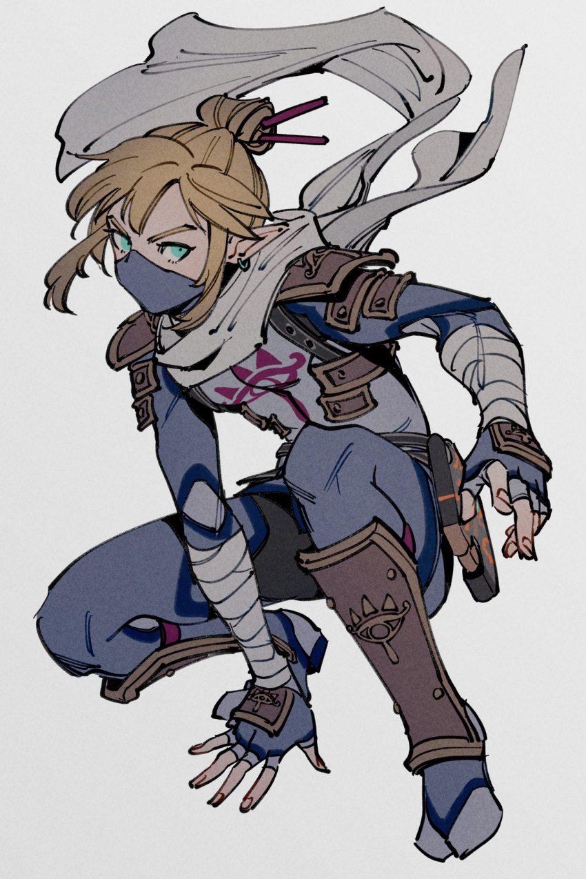 1boy armor bandaged_arm bandages bangs belt blonde_hair blue_eyes earrings fingerless_gloves floating_scarf full_body gloves hair_ornament highres jewelry link long_hair looking_at_viewer male_focus mask mouth_mask oimo_(oimkimn) pointy_ears revision sidelocks simple_background sitting solo stealth_set_(zelda) symbol-only_commentary the_legend_of_zelda the_legend_of_zelda:_breath_of_the_wild white_background