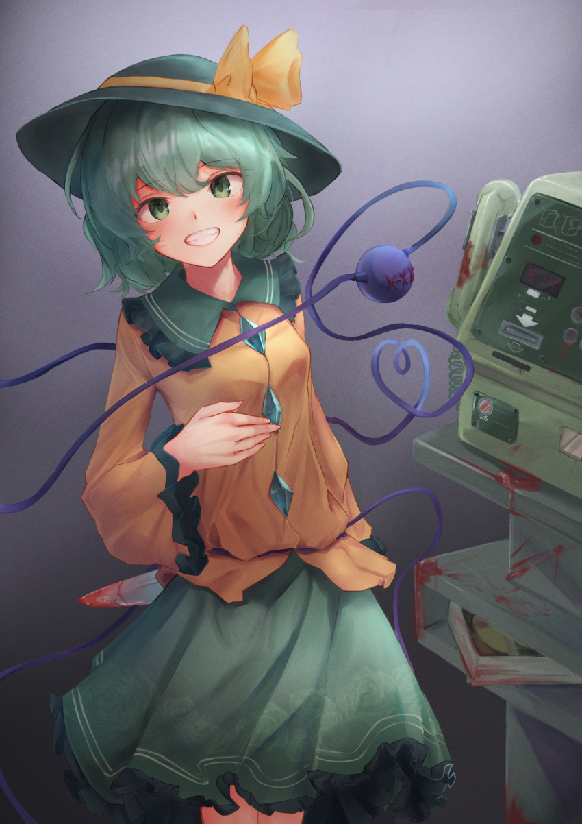 1girl blood blood_on_knife cowboy_shot floral_print gradient gradient_background green_eyes green_hair green_skirt grin hat heart heart_of_string highres holding holding_knife knife komeiji_koishi long_sleeves looking_at_viewer phone shirt simple_background skirt smile solo taguno third_eye touhou wide_sleeves yellow_shirt