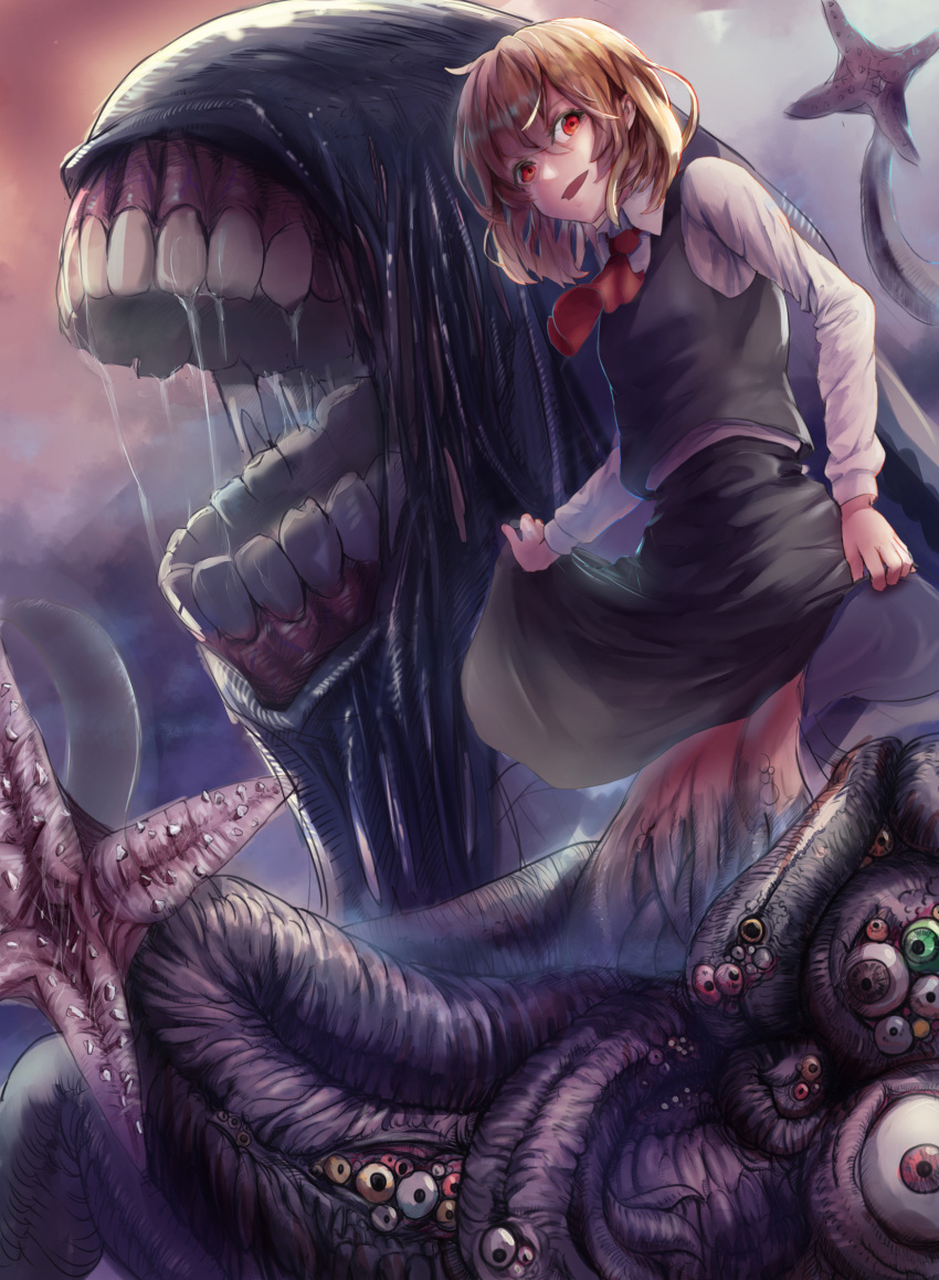 1girl ascot asllapistone bangs beads black_skirt black_vest blonde_hair blush bow clouds collared_shirt extra_eyes frilled_skirt frills from_side hair_bow highres long_hair long_sleeves looking_at_viewer looking_up medium_hair monster monster_girl necktie open_mouth parted_lips red_ascot red_bow red_neckwear red_shirt rumia saliva saliva_trail shirt sidelocks skirt skirt_set sky solo standing tentacles thighs too_many touhou vest white_shirt wing_collar wrist_cuffs