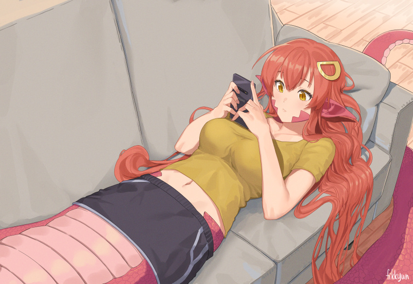 1girl absurdres artist_name black_skirt breasts cellphone collarbone commission commissioner_upload couch fikkyun hair_between_eyes hair_ornament hairclip highres holding holding_phone lamia large_breasts long_hair lying miia_(monster_musume) monster_girl monster_musume_no_iru_nichijou navel on_back phone pillow pointy_ears redhead samsung scales shirt short_sleeves skirt slit_pupils smartphone solo yellow_eyes yellow_shirt