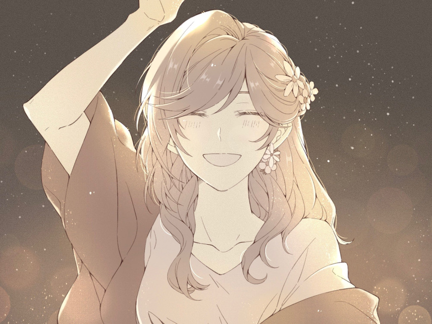 1girl :d arm_up bangs black_jacket brown_hair closed_eyes earrings flower hair_flower hair_ornament highres jacket jewelry jiukuzi18797 long_hair night night_sky open_clothes open_jacket open_mouth rosa_(tears_of_themis) shirt short_sleeves sky smile solo star_(sky) tears_of_themis white_shirt