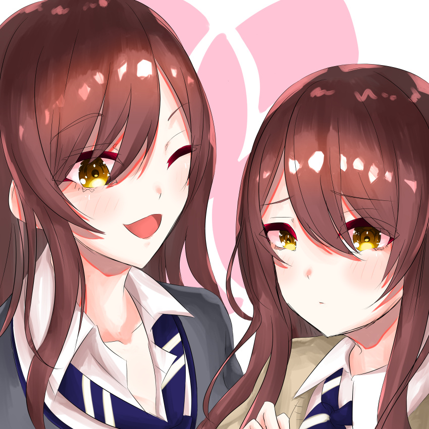 2girls absurdres beige_sweater blue_neckwear brown_eyes brown_hair collared_shirt eyebrows_visible_through_hair from_above gradient gradient_background grey_jacket hair_between_eyes hands_clasped highres idolmaster idolmaster_shiny_colors jacket long_hair looking_at_viewer multiple_girls one_eye_closed oosaki_amana oosaki_tenka open_mouth own_hands_together plaid plaid_skirt pleated_skirt school_uniform shirt siblings sidelocks skirt standing straight_hair striped striped_neckwear tokufumi twins white_shirt yamaper