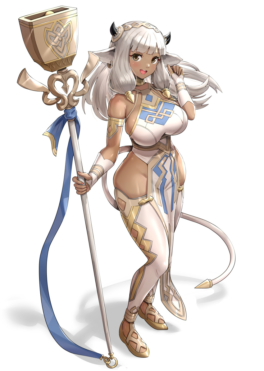 1girl :d absurdres animal_ears ash_(fire_emblem) bicep_strap black_horns breasts brown_eyes commentary cow_ears cow_girl cow_horns dark-skinned_female dark_skin ear_piercing earrings fingernails fire_emblem fire_emblem_heroes full_body gonzarez highres holding holding_staff horns jewelry large_breasts long_hair looking_at_viewer open_mouth piercing silver_hair simple_background smile solo staff thigh-highs thighs white_background white_legwear