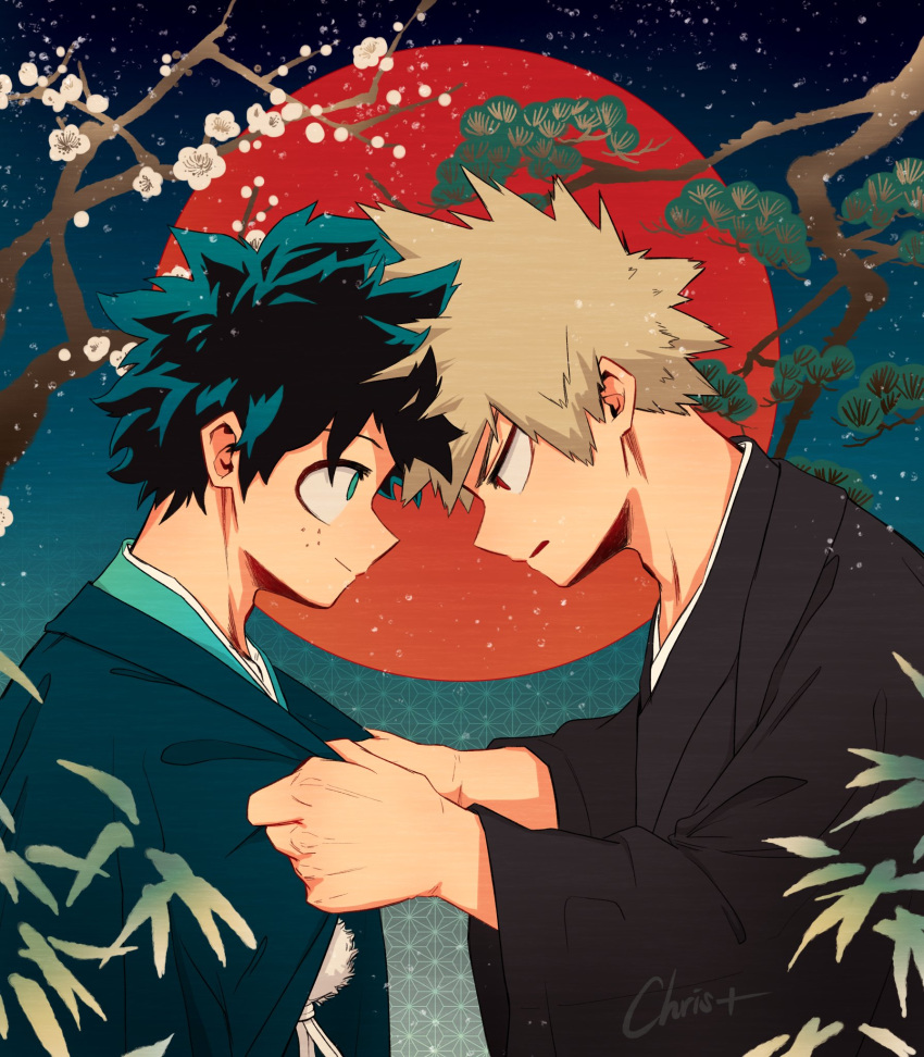2boys artist_name bakugou_katsuki blonde_hair boku_no_hero_academia cherry_blossoms chrispplus dressing_another freckles green_eyes green_hair head_down heads_together highres japanese_clothes leaf looking_at_another looking_at_object male_focus midoriya_izuku multiple_boys patterned_background pine_tree red_eyes spiky_hair tree
