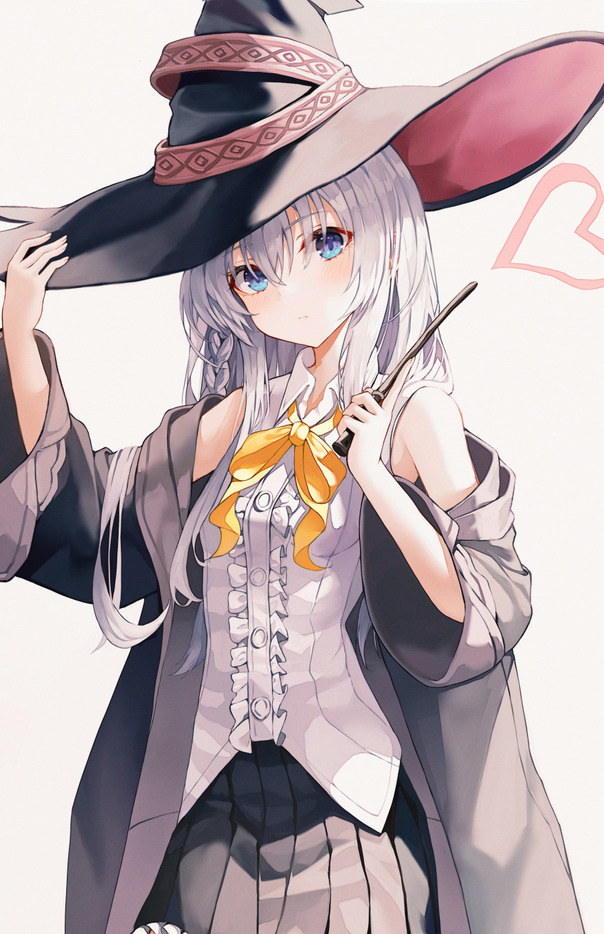 1girl absurdres bangs bare_shoulders black_headwear black_robe black_skirt blue_eyes blush bow breasts center_frills closed_mouth collared_shirt elaina_(majo_no_tabitabi) eyebrows_visible_through_hair frilled_skirt frills hair_between_eyes hand_on_headwear hand_up hat hat_ribbon heart highres holding holding_wand hood hood_down hooded_robe kerno long_hair long_sleeves looking_at_viewer majo_no_tabitabi off_shoulder open_clothes open_robe pleated_skirt revision ribbon robe shirt silver_hair simple_background skirt sleeveless sleeveless_shirt small_breasts smile solo very_long_hair wand white_background white_hair white_shirt wide_sleeves witch witch_hat yellow_bow