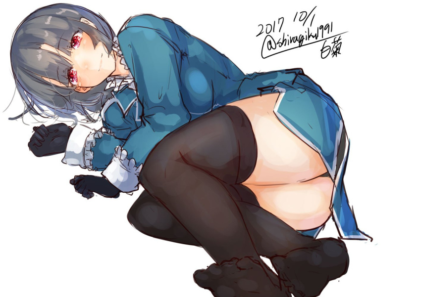 1girl arm_under_breasts bangs beret black_gloves black_hair blue_headwear breasts closed_mouth gloves grey_background hat high_collar highres kantai_collection large_breasts military military_uniform red_eyes shiragiku1991 short_hair takao_(kantai_collection) uniform white_neckwear