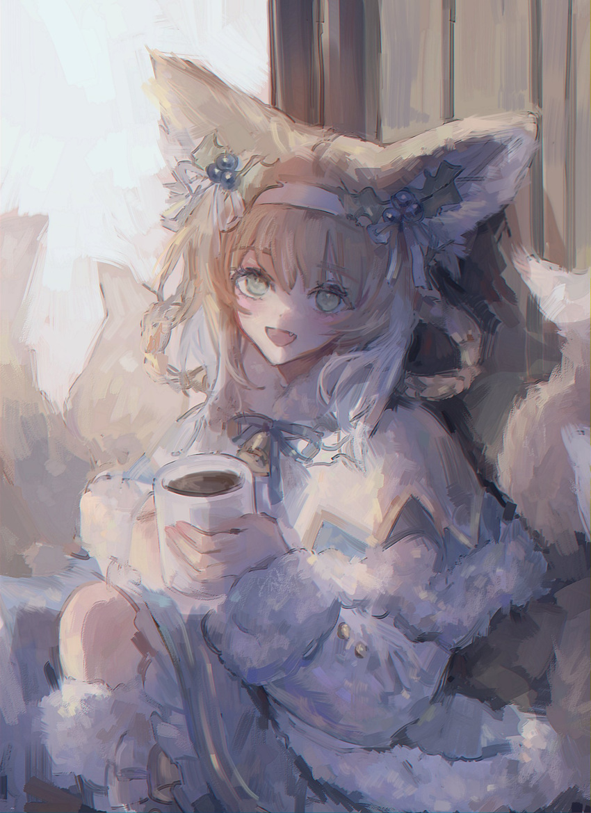 1girl :d animal_ears arknights bangs bell blonde_hair blue_ribbon boots braid capelet coat commentary_request cup eyebrows_visible_through_hair fang fox_ears fox_girl fox_tail frilled_skirt frills fur-trimmed_boots fur-trimmed_capelet fur-trimmed_sleeves fur_trim green_eyes hair_between_eyes hair_rings hairband highres holding holding_cup kitsune kneehighs long_sleeves mug multicolored_hair neck_ribbon ribbon rlffuq025 sitting skirt smile solo suzuran_(arknights) tail twin_braids two-tone_hair white_capelet white_coat white_hair white_hairband