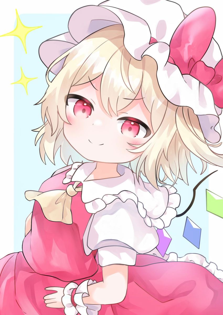 1girl ascot bangs blonde_hair blue_background border bow closed_mouth crystal eyebrows_visible_through_hair flandre_scarlet hand_on_hip hat hat_bow highres mob_cap one_side_up pafe_haumen puffy_short_sleeves puffy_sleeves red_bow red_eyes red_vest shirt short_hair short_sleeves simple_background smile smug solo star_(symbol) touhou upper_body vest white_border white_headwear white_shirt wings wrist_cuffs yellow_ascot