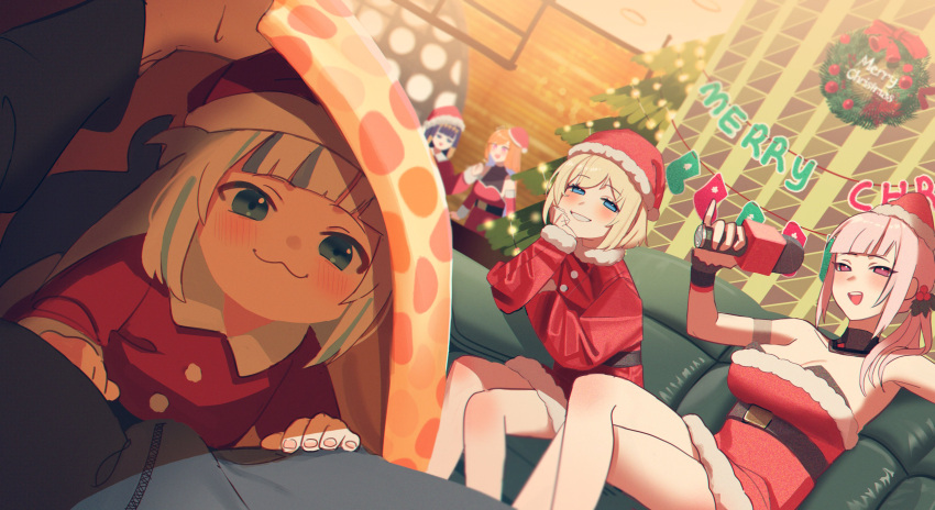 1other 4girls :3 absurdres alternate_costume alternate_hairstyle bangs bare_shoulders belt black_belt blanket blonde_hair blue_eyes blue_hair blunt_bangs blush breasts christmas_tree commentary_request couch crossed_legs fur-trimmed_headwear gawr_gura grin hair_ornament hat highres hololive hololive_english indoors jacket jiki_(gkdlfnzo1245) large_breasts long_hair looking_at_viewer mori_calliope multicolored_hair multiple_girls ninomae_ina'nis open_mouth purple_hair red_headwear red_jacket santa_costume santa_hat short_hair sitting smile smug streaked_hair takanashi_kiara tentacle_hair two-tone_hair virtual_youtuber watson_amelia white_hair