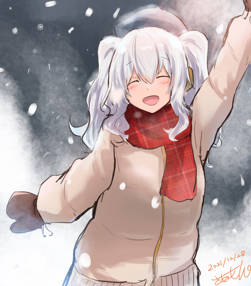 1girl absurdres alternate_costume brown_coat closed_eyes coat highres kantai_collection kashima_(kancolle) long_sleeves mittens open_mouth plaid plaid_shorts red_scarf saamon_(salmonkomaku) scarf shorts sidelocks silver_hair solo twintails upper_body wavy_hair
