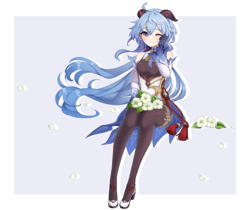 ahoge bangs bare_shoulders bell black_gloves black_legwear blue_hair blush breasts chinese_knot detached_sleeves flower flower_knot full_body ganyu_(genshin_impact) genshin_impact gloves gold_trim hand_on_own_cheek hand_on_own_face high_heels highres holding holding_flower horns long_hair looking_at_viewer medium_breasts neck_bell one_eye_closed petals qingxin_flower sidelocks sitting smile solo syuya_2 tassel thighlet very_long_hair violet_eyes vision_(genshin_impact) white_flower white_sleeves