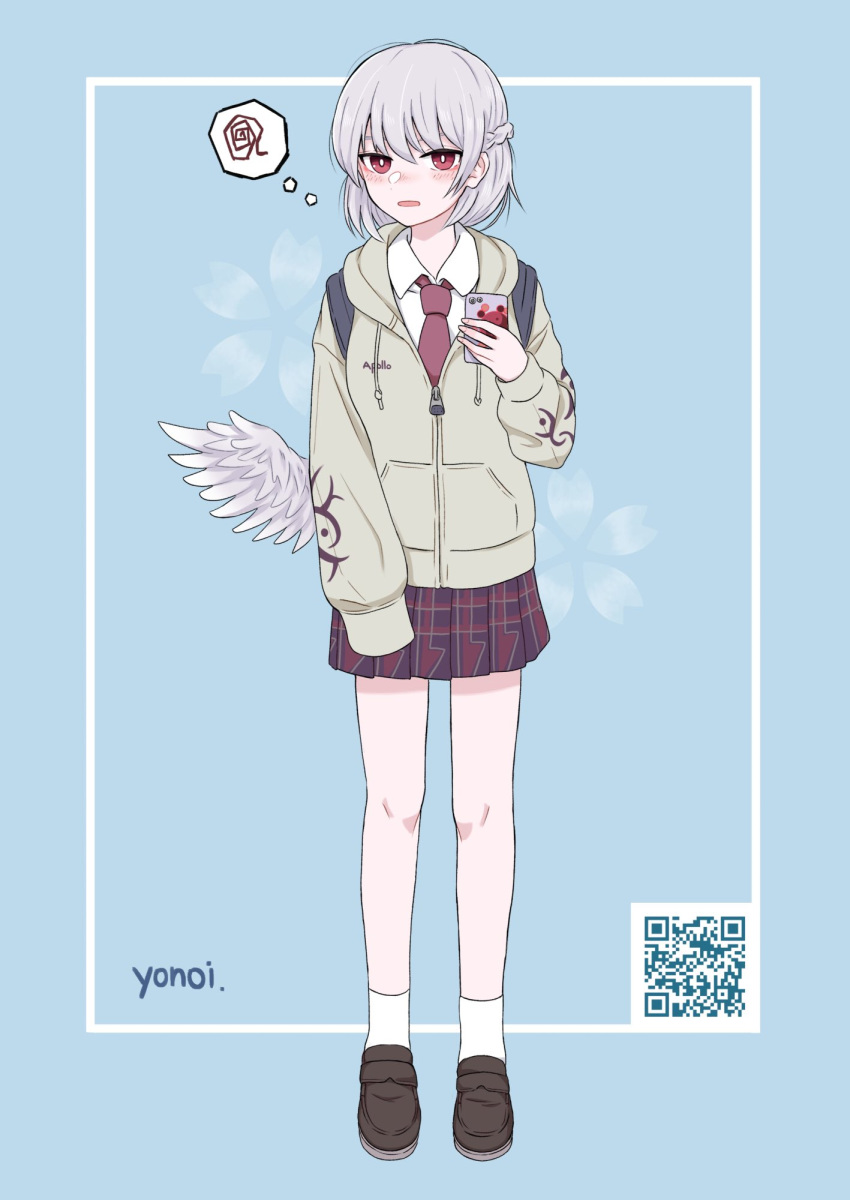 1girl alternate_costume angel_wings arm_at_side arm_up arrow_print artist_name bag bangs blush braid brown_footwear clothes_writing collared_shirt commentary_request english_text feathered_wings fingernails floral_background french_braid grey_jacket highres holding holding_phone hood hoodie jacket kishin_sagume knees light_blue_background loafers long_sleeves looking_at_viewer low_wings microskirt necktie open_mouth parted_lips patterned_clothing phone pleated_skirt pocket qr_code red_eyes red_necktie red_neckwear school_uniform shirt shoes short_hair silver_hair single_wing skirt sleeves_past_fingers sleeves_past_wrists squiggle standing thought_bubble touhou wing_collar wings yonoisan zipper_pull_tab