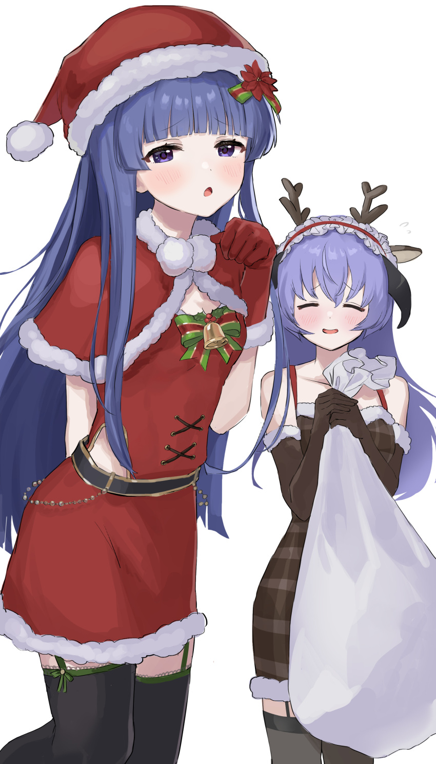 2girls absurdres alternate_costume animal_ears antlers black_legwear blue_hair blush capelet christmas closed_eyes deer_ears dress eyebrows_visible_through_hair fake_animal_ears fake_horns fur-trimmed_capelet fur-trimmed_dress fur-trimmed_gloves fur-trimmed_skirt fur_trim furude_rika garter_belt gloves hanyuu hat highres higurashi_no_naku_koro_ni holding holding_sack horns light_purple_hair looking_at_viewer multiple_girls oici_ne red_capelet red_skirt reindeer_antlers sack santa_costume santa_hat skirt thigh-highs violet_eyes white_background