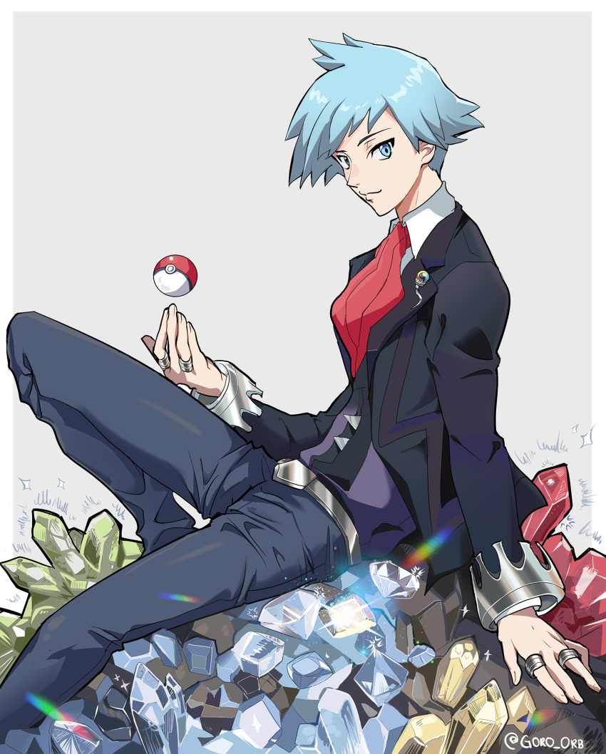 1boy bangs belt belt_buckle black_jacket blue_eyes blue_hair buckle closed_mouth collared_shirt commentary_request crystal from_side gem goro_orb highres jacket jewelry long_sleeves looking_at_viewer male_focus necktie pants poke_ball poke_ball_(basic) pokemon pokemon_(game) pokemon_oras red_necktie ring shirt short_hair sitting smile solo spiky_hair steven_stone vest white_shirt
