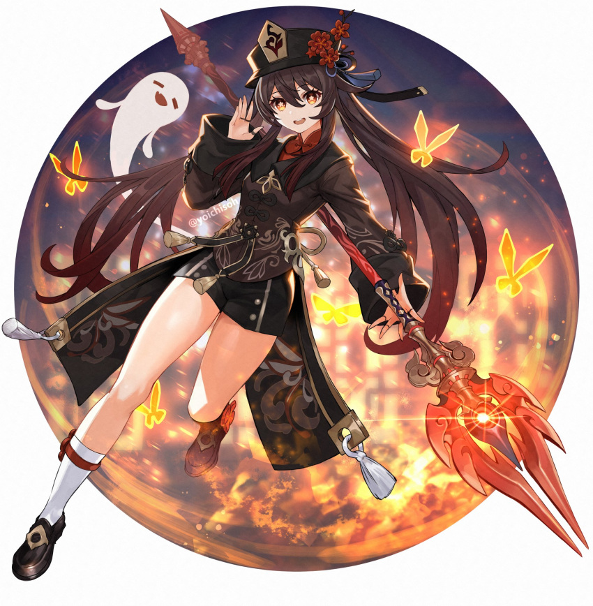1girl black_headwear black_shorts brown_hair bug butterfly chinese_clothes closed_eyes fang fire full_body genshin_impact ghost hand_up hat highres holding holding_weapon hu_tao_(genshin_impact) itou_youichi jewelry legs long_hair long_sleeves looking_at_viewer open_mouth polearm red_eyes ring shoes short_shorts shorts socks star-shaped_pupils star_(symbol) symbol-shaped_pupils tailcoat thighs top_hat twintails waving weapon