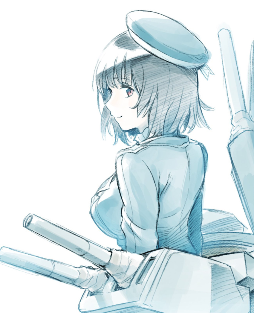 1girl arm_under_breasts bangs beret black_gloves black_hair blue_headwear breasts closed_mouth gloves grey_background hat high_collar highres isiyumi kantai_collection large_breasts military military_uniform red_eyes short_hair takao_(kantai_collection) uniform white_neckwear