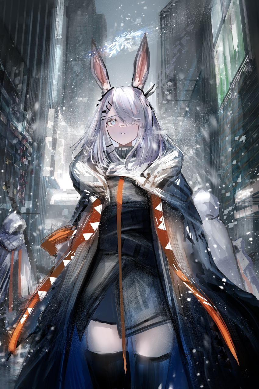 1girl 2others absurdres animal_ear_fluff animal_ears arknights bangs black_dress black_jacket black_legwear blue_eyes building cloak commentary dress english_commentary frostnova_(arknights) fur-trimmed_jacket fur_trim grey_hair hair_ornament hair_over_one_eye hairclip highres hood hood_up hooded_cloak jacket looking_at_viewer multiple_others nanaponi open_clothes open_jacket outdoors parted_lips rabbit_ears skyscraper snowflakes snowing standing thigh-highs